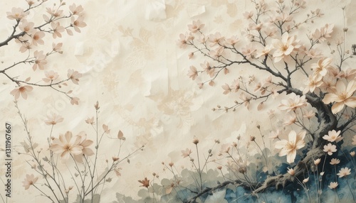Blooming cherry blossoms tranquil garden digital artwork serene atmosphere close-up nature's beauty