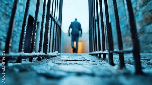 A man leaves the prison gates after being released. 