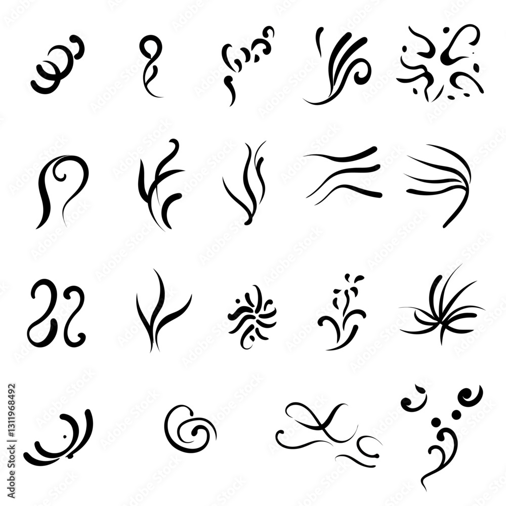 Decorative flourish design elements set of black swirls and vector shapes Decorative flourish design elements set of black swirls and vector shapes