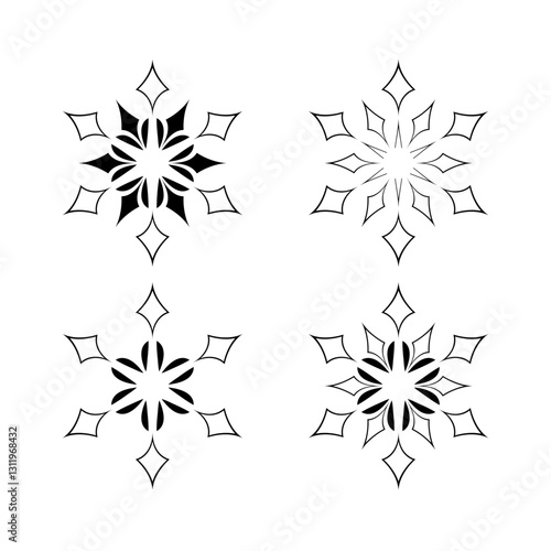 Set of Radial Outline Geometric Patterns. Snowflake or Star Icons. Decorative...