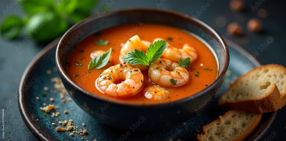 Aromatic Seafood Bisque with Plump Shrimp and Fresh Herbs in a Rustic Bowl Aromatic Seafood Bisque with Plump Shrimp and Fresh Herbs in a Rustic Bowl