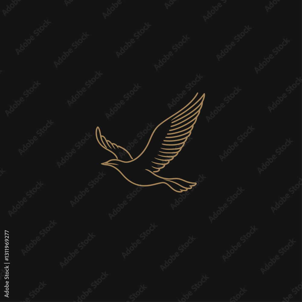 Fototapeta premium Golden Line Art Flying Bird Silhouette on Black Background Illustration