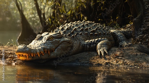 A crocodile basking in the sun on the riverbank, its jaws slightly open as it lounges by the water