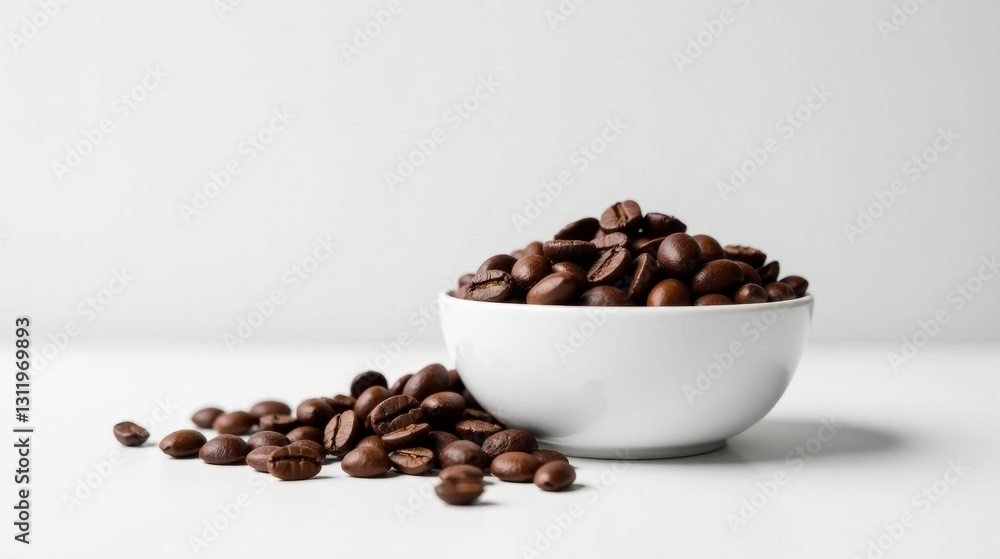 Aromatic Roasted Coffee Beans in a Simple White Bowl, Spilling Slightly Onto a Clean Surface Aromatic Roasted Coffee Beans in a Simple White Bowl, Spilling Slightly Onto a Clean Surface
