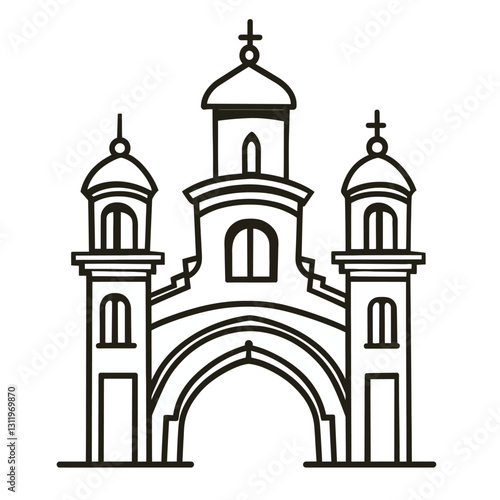 Black line drawing of an Orthodox church with arched entrance.