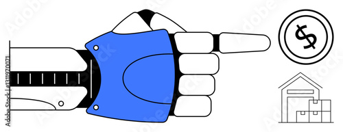Robotic arm pointing toward dollar icon and warehouse imagery, emphasizing automation, finance, and logistics. Ideal for technology, fintech, AI, e-commerce, operations business strategy flat