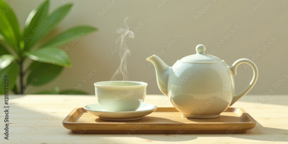 A serene moment of tranquility Warm tea steaming gently in a delicate cup, served alongside a classic teapot on a simple wooden tray, bathed in soft sunlight. A serene moment of tranquility Warm tea steaming gently in a delicate cup, served alongside a classic teapot on a simple wooden tray, bathed in soft sunlight.