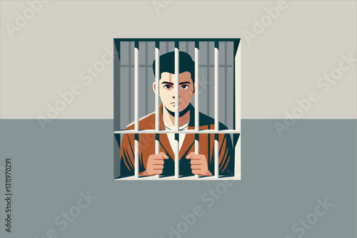 Illustration Prisoner in orange suit behind bars of a prison cell. Punishment system for crime and law breaking. Vector illustration.