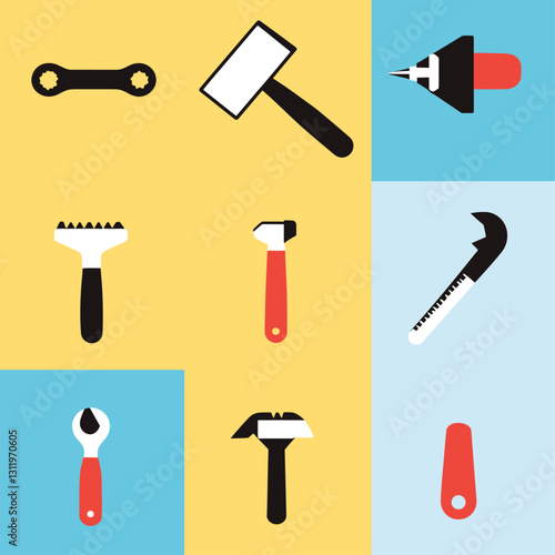 Tools Set on Yellow and Blue Background for Repair and Construction