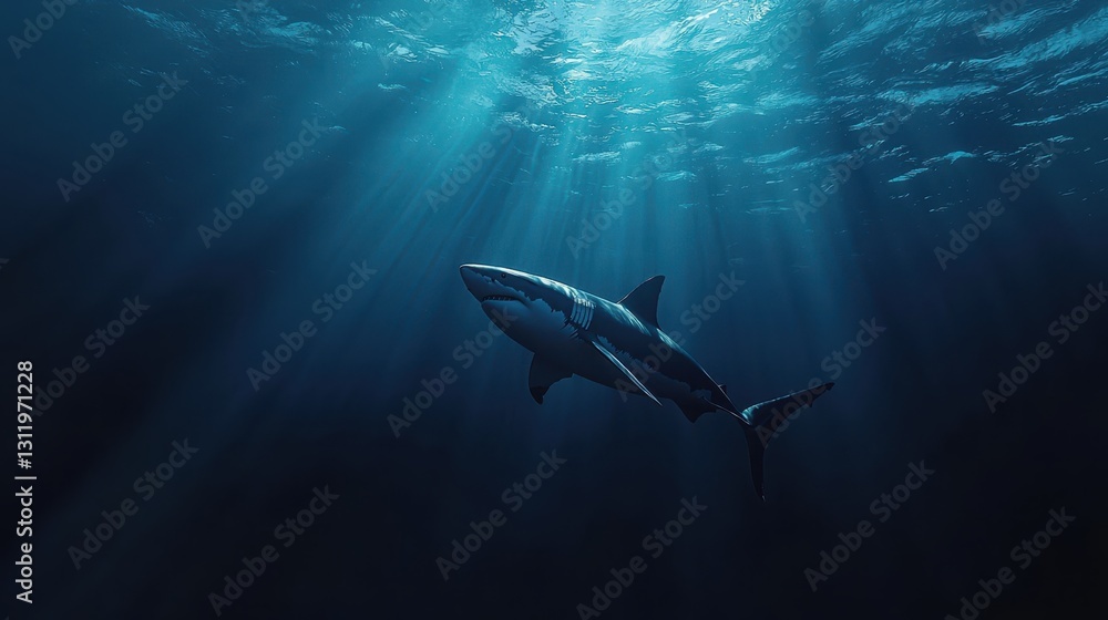 Fototapeta premium A great white shark swimming in deep blue waters, its sleek body cutting through the ocean