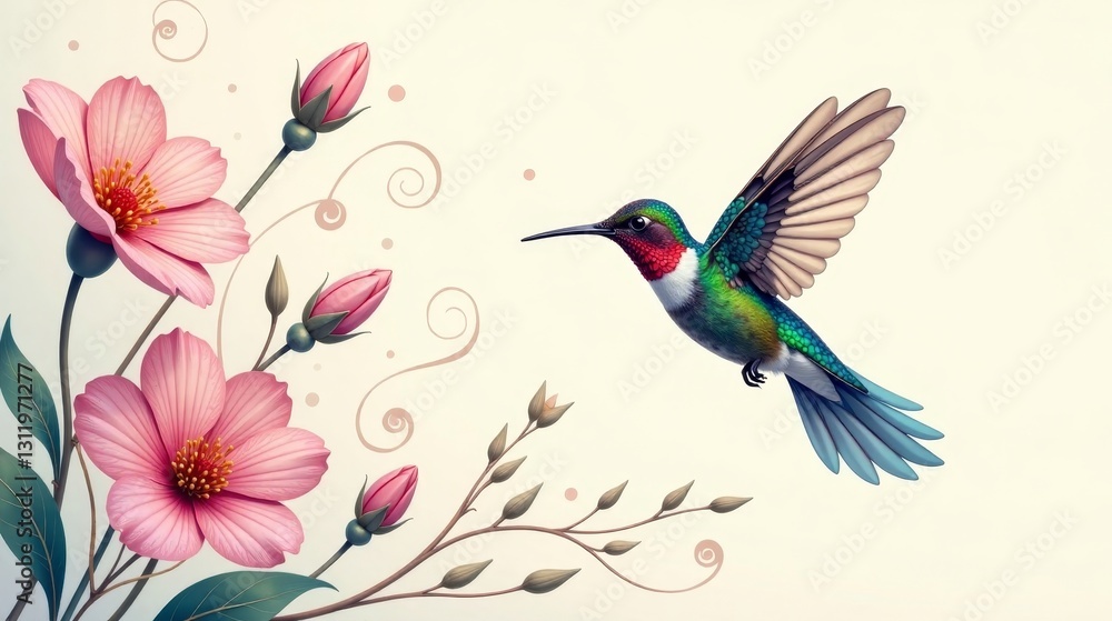 Obraz premium A vibrant hummingbird in flight, gracefully approaching delicate pink blossoms and elegant swirling floral accents on a soft, creamy background.