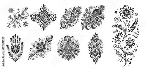 Artistic Floral and Paisley Ornaments: A collection of detailed, ornamental illustrations features intricate floral and paisley designs.