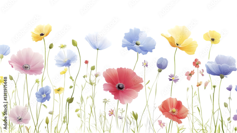 Fototapeta premium Colorful Poppies Bloom Isolated White Background