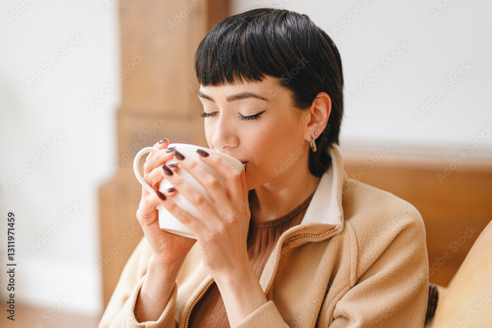 Woman enjoying warm beverage in cozy indoor setting during afternoon Woman enjoying warm beverage in cozy indoor setting during afternoon