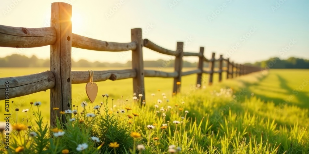 Fototapeta premium Rustic wooden fence in a sunlit meadow with wildflowers and a small heart-shaped decoration