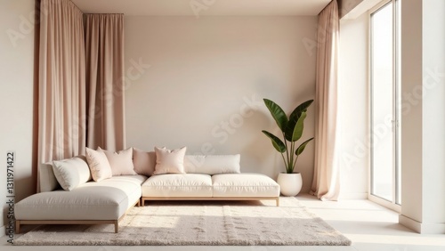 Serene Living Room Interior Design Featuring a Modern Sectional Sofa, Neutral Color Palette, and Natural Light