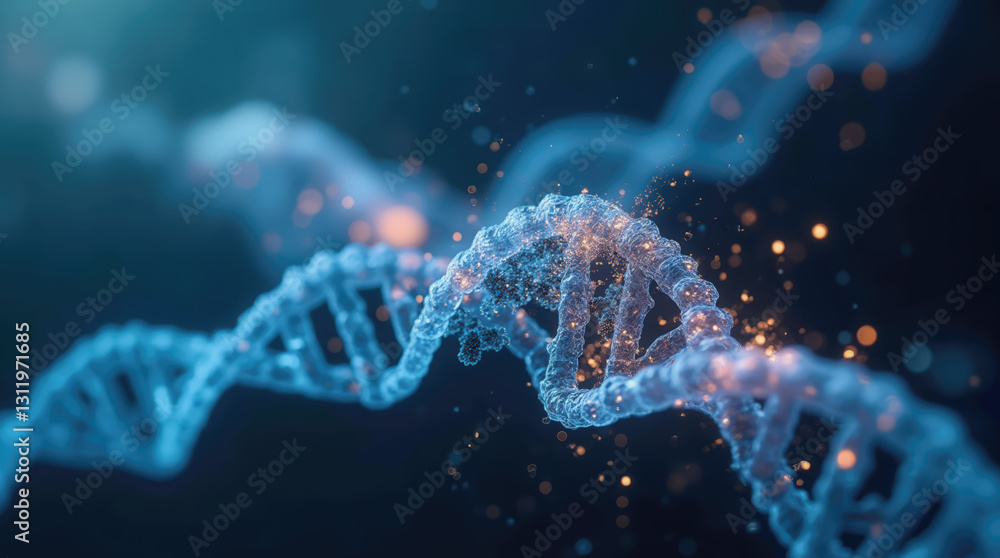 A detailed representation of a DNA double helix showcases twisting strands with glowing particles. The background has a rich blue gradient, elevating the elegant design of genetic material A detailed representation of a DNA double helix showcases twisting strands with glowing particles. The background has a rich blue gradient, elevating the elegant design of genetic material