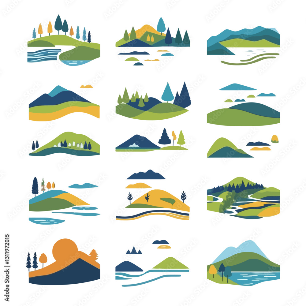 Mountain Scenery Illustrations Set. Landscape design vector graphics. Mountain Scenery Illustrations Set. Landscape design vector graphics.