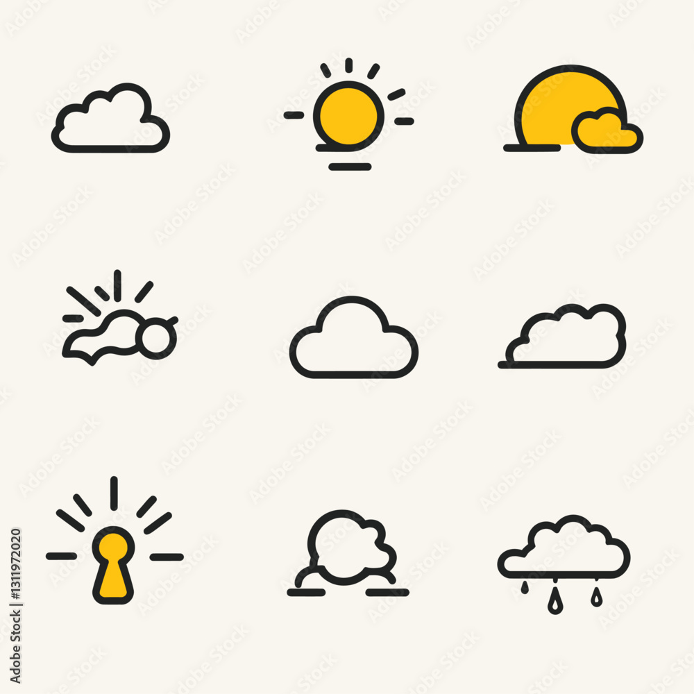 Weather icon set: Sun, clouds, sunset, rain, key in trendy flat style Weather icon set: Sun, clouds, sunset, rain, key in trendy flat style