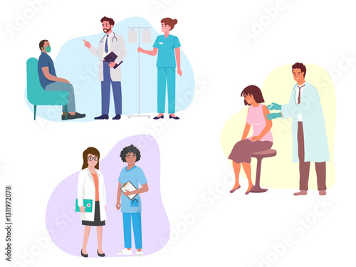 medical staff hospital patients doctors nurses advising diagnosing illustration clinic professional workers