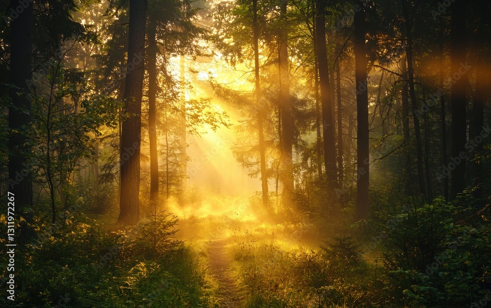 A forest clearing at dusk, with golden sunlight shining through the trees and mist rising from the ground A forest clearing at dusk, with golden sunlight shining through the trees and mist rising from the ground