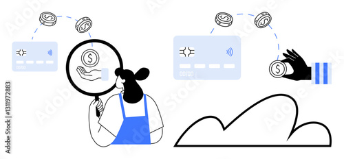 Woman examines digital transactions handoff through magnifier. Credit cards, cloud storage, and coins visible. Ideal for finance, technology, cashless payments, cloud services, economy fintech