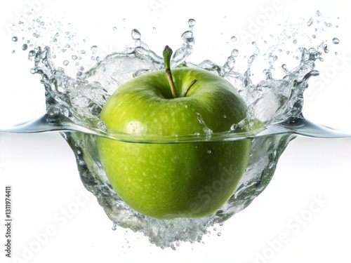 vibrant green apple in mid-air water splash on white background
