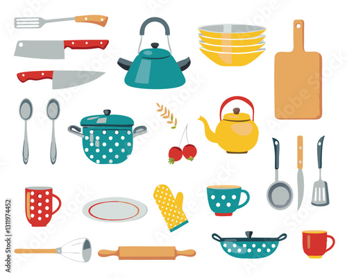 Colorful Kitchen Utensils  flat vector design of kitchenware items. Cooking tools  saucepan, kettle, spatula, rolling pin, cutting board, ideal for digital kitchen themed project