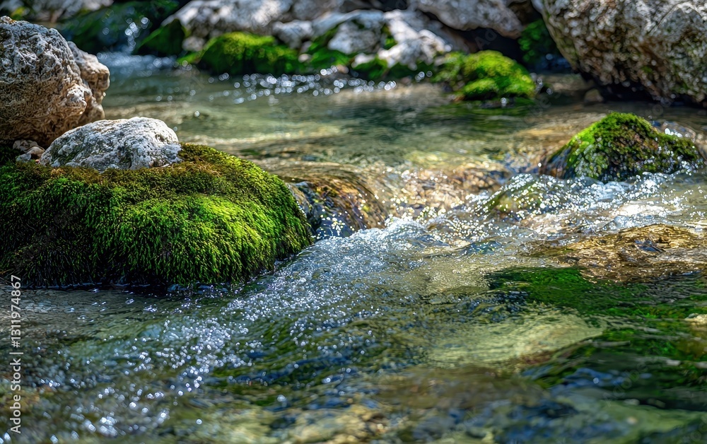 Fototapeta premium A close-up of a crystal-clear mountain stream with vibrant green moss and rocks in the water