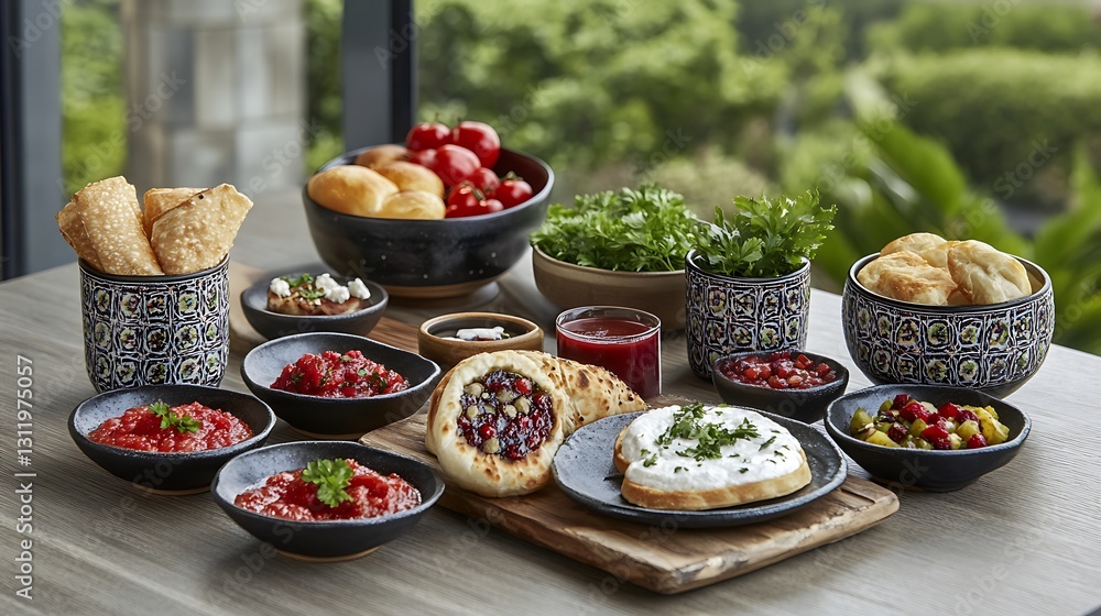 A table displays various bowls filled with delicious food items A table displays various bowls filled with delicious food items