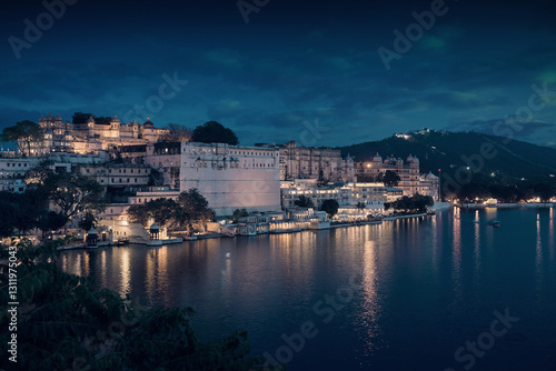 Udaipur City Palace at night, Rajasthan, India