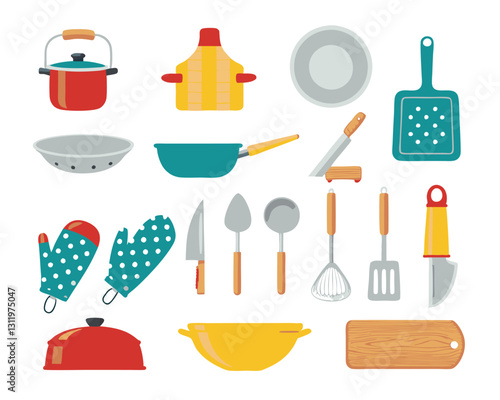 Colorful Kitchen Utensils  flat vector design of kitchenware items. Cooking tools  saucepan, kettle, spatula, rolling pin, cutting board, ideal for digital kitchen themed project