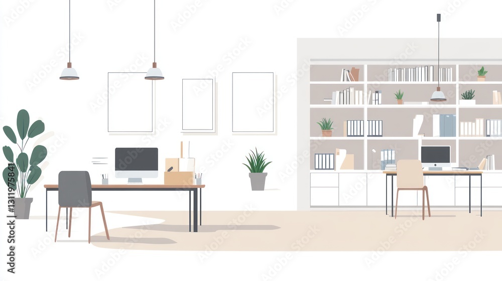 Modern office interior with empty desks and shelves. Possible use Stock photo for office design Modern office interior with empty desks and shelves. Possible use Stock photo for office design