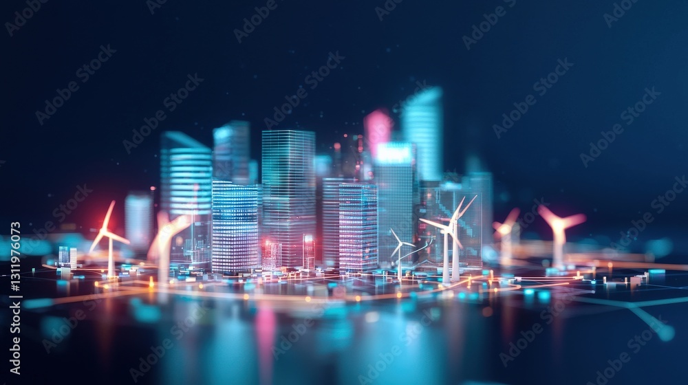 Fototapeta premium A futuristic cityscape with glowing buildings powered by renewable energy.