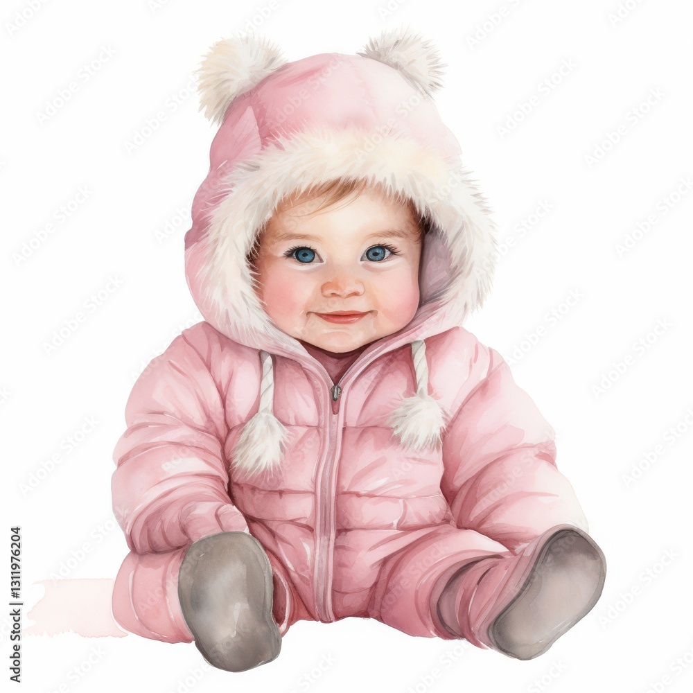 Watercolor winter baby girl wearing pink outfit isolated on white background Watercolor winter baby girl wearing pink outfit isolated on white background