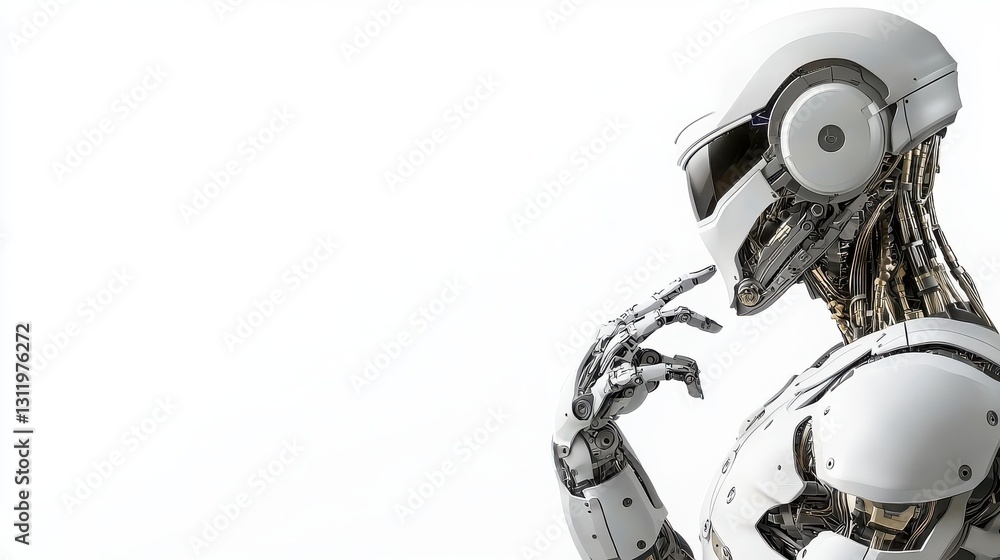 A sleek, futuristic robot with a thoughtful pose, showcasing advanced technology and design in a minimalist setting. A sleek, futuristic robot with a thoughtful pose, showcasing advanced technology and design in a minimalist setting.