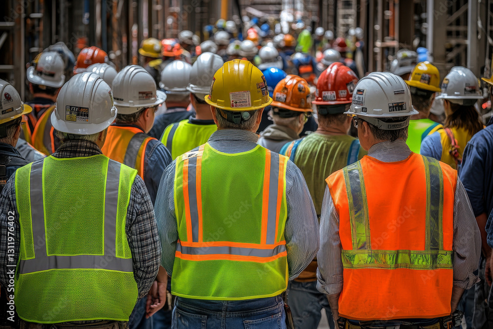 Obraz premium Construction workers in safety gear walking on site