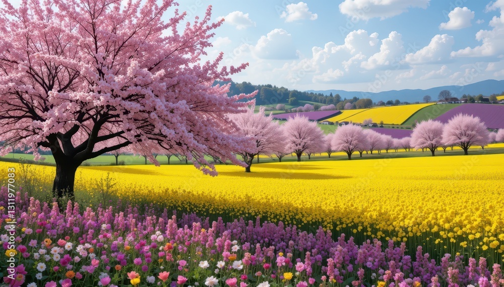 Spring blossoms vibrant fields nature photography rural landscape wide angle serenity Spring blossoms vibrant fields nature photography rural landscape wide angle serenity