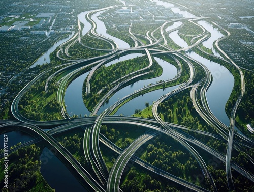 Complex interwoven highway system nestled between winding rivers and greenery photo