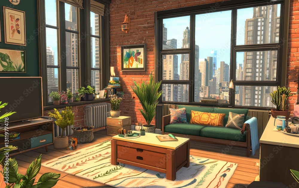 A compact but stylish city apartment with a clean design, smart storage, and a cozy balcony overlooking the city skyline A compact but stylish city apartment with a clean design, smart storage, and a cozy balcony overlooking the city skyline
