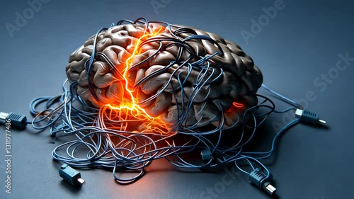Entangled Brain with Glowing Orange Veins and Cables Symbol of Technology Integration and Human Cognition Fusion