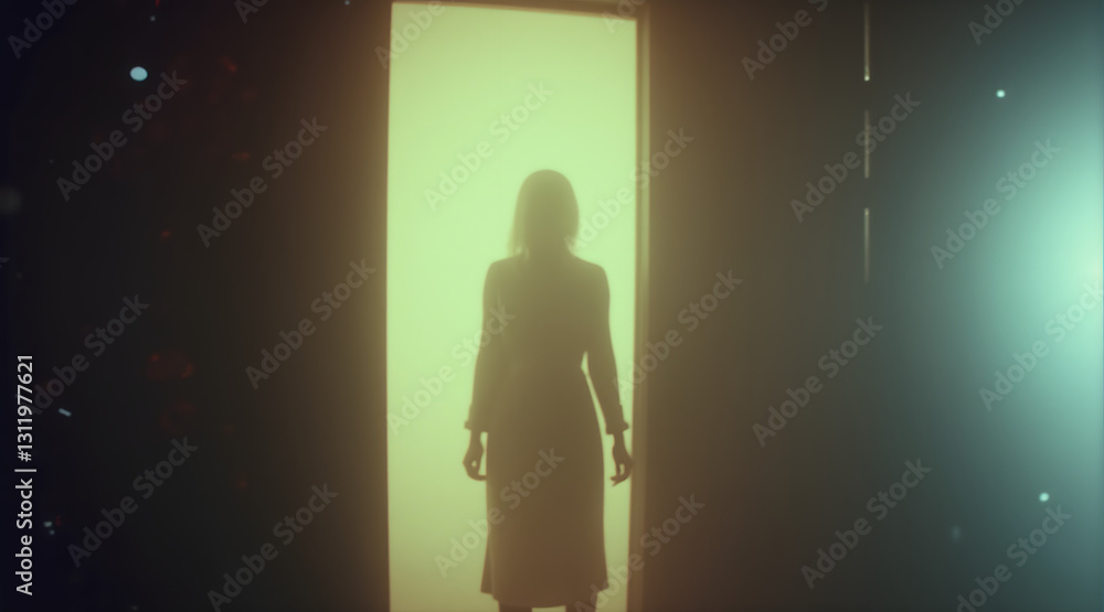 A ghostly figure stands in a dimly lit doorway, shrouded in mystery and ethereal light, evoking a surreal and dreamlike atmosphere A ghostly figure stands in a dimly lit doorway, shrouded in mystery and ethereal light, evoking a surreal and dreamlike atmosphere