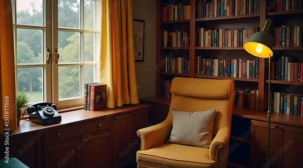 Fototapeta premium A cozy 1960s reading nook features a yellow armchair beside a wooden bookshelf filled with classic novels and a rotary phone on a small table by a sunny window