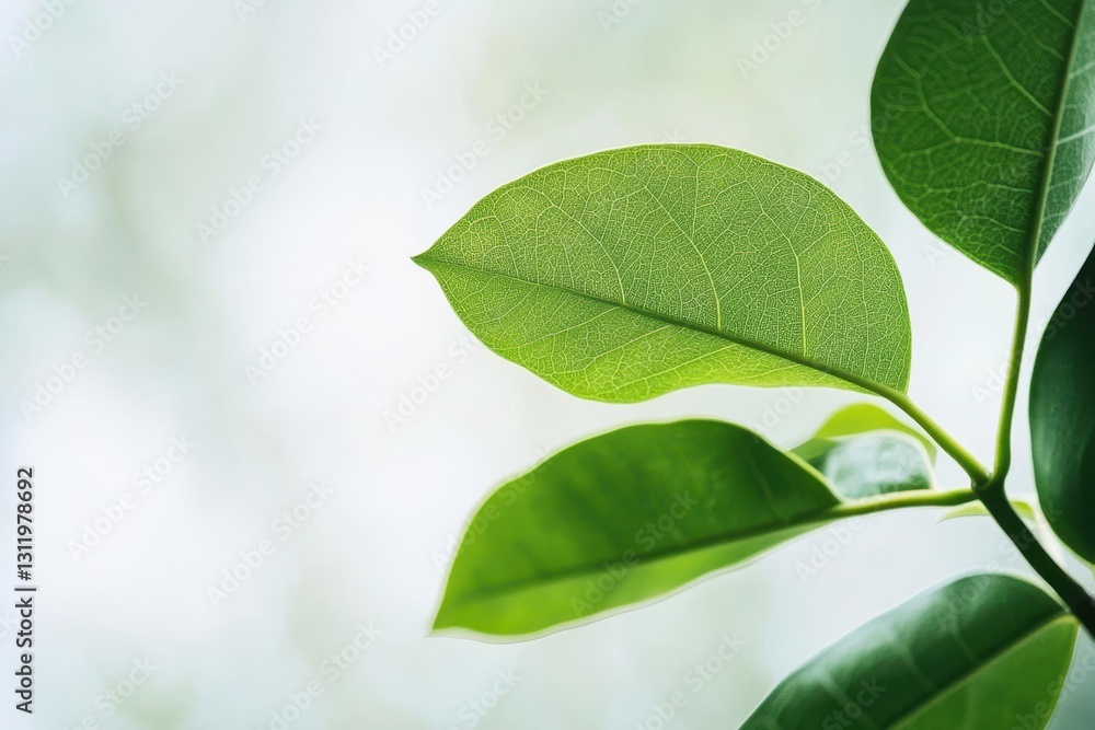 Close up of fresh green leaves. Natural leaf with detailed veins for organic product design. Abstract foliage pattern on a light background for spa or beauty concept. Close up of fresh green leaves. Natural leaf with detailed veins for organic product design. Abstract foliage pattern on a light background for spa or beauty concept.