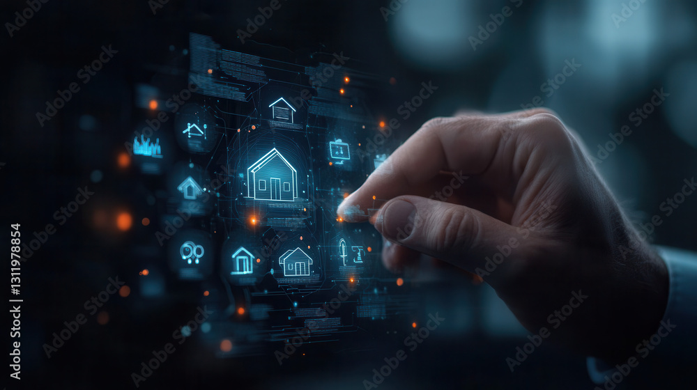 Businessman interacting with futuristic real estate management interface, showcasing digital icons and technology Businessman interacting with futuristic real estate management interface, showcasing digital icons and technology