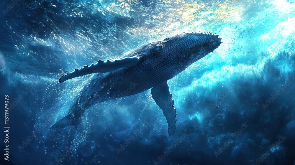 Fototapeta premium A majestic humpback whale breaching just off the coast, with the blue ocean sparkling beneath it