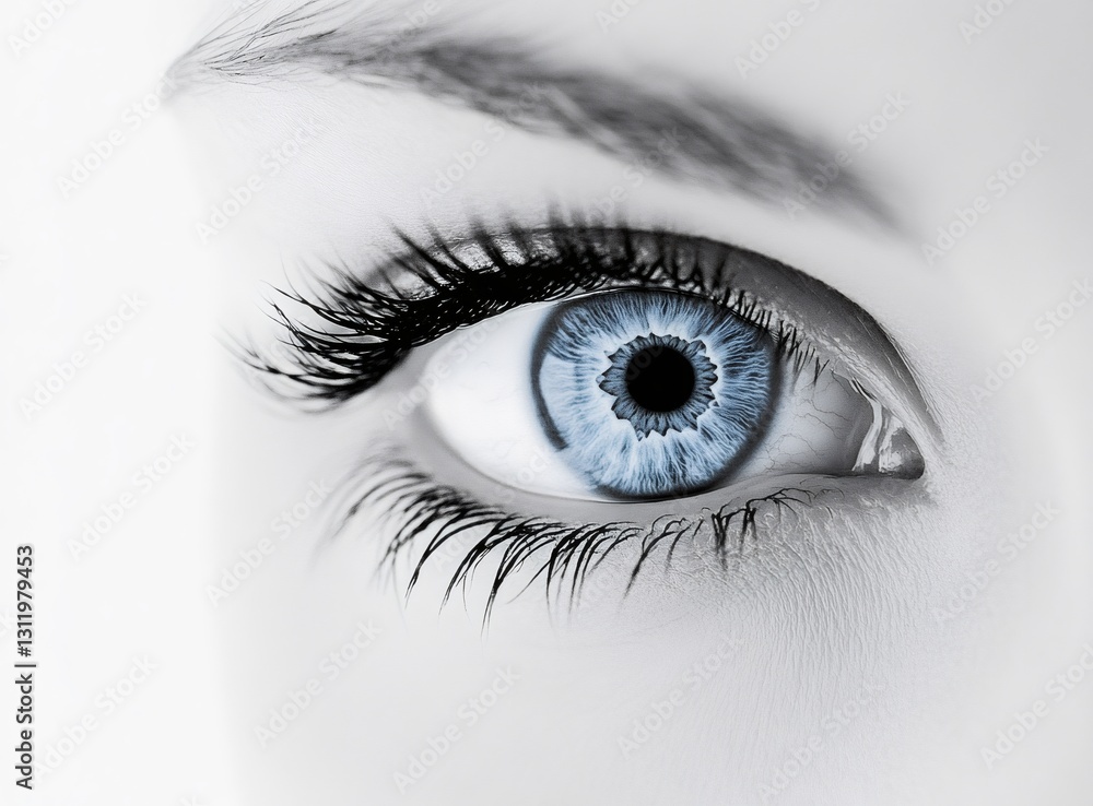 Fototapeta premium Intense gaze: A striking close-up of a captivating blue eye, set against a light backdrop, conveying a sense of mystery and depth. Emphasizing the beauty of the eye's intricate details.