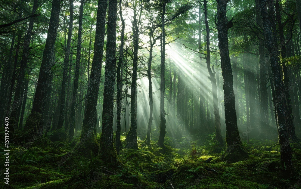 Obraz premium A dense forest with tall, moss-covered trees and rays of sunlight breaking through the canopy
