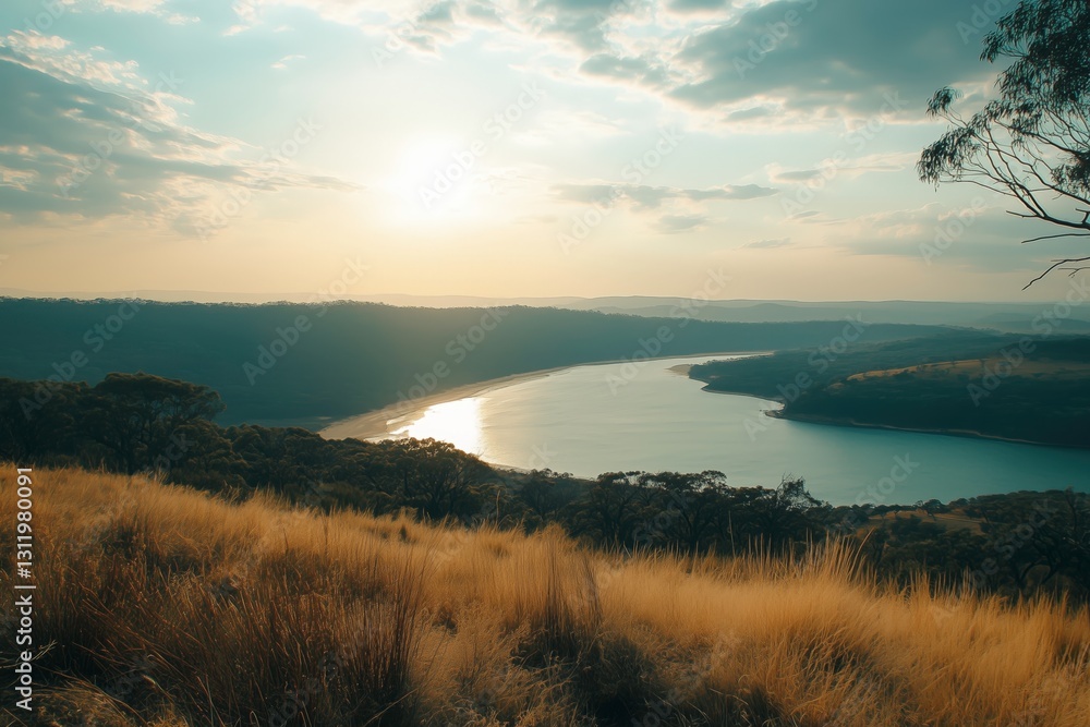 Serene Coastal Vista: An expansive view from a high vantage point of a tranquil bay, embraced by lush hills and golden grasslands, under the warm glow of the sun. Serene Coastal Vista: An expansive view from a high vantage point of a tranquil bay, embraced by lush hills and golden grasslands, under the warm glow of the sun.