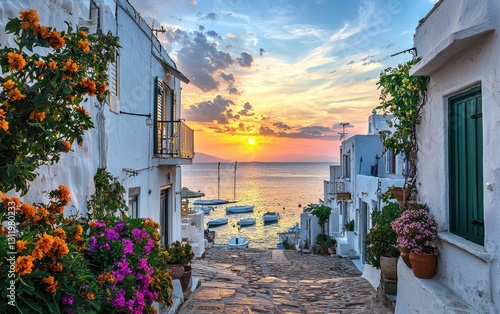 Fototapeta Naklejka Na Ścianę i Meble -  A picturesque coastal town with whitewashed houses, vibrant flowers, and a peaceful harbor at sunset